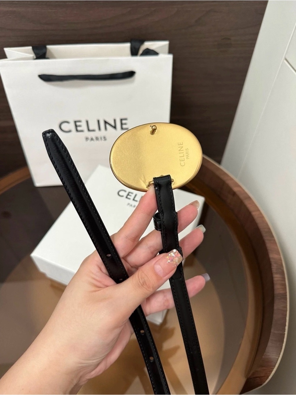 Celine Black Leather Belt with Gold Maison Medallion - Picture 5 of 6